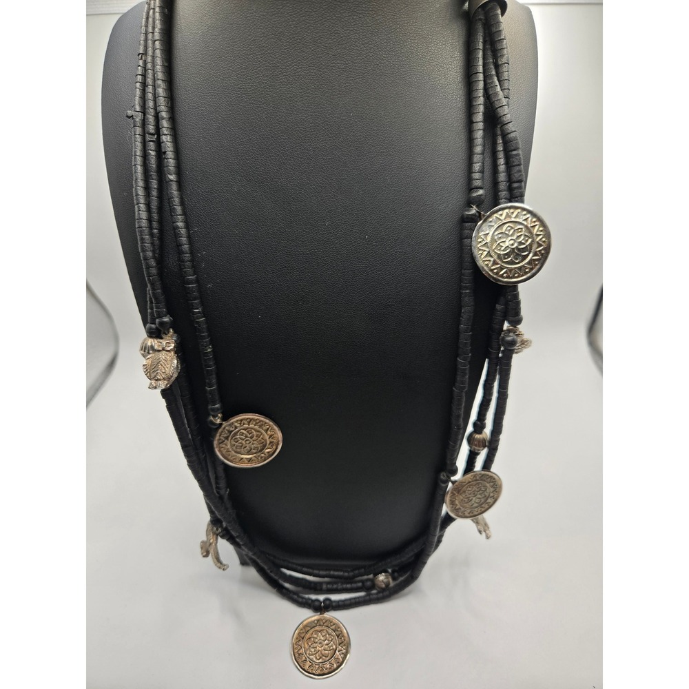 Black Wood Bead Multi Strand Necklace Monkey Charm Silver Tone Medallion Boho